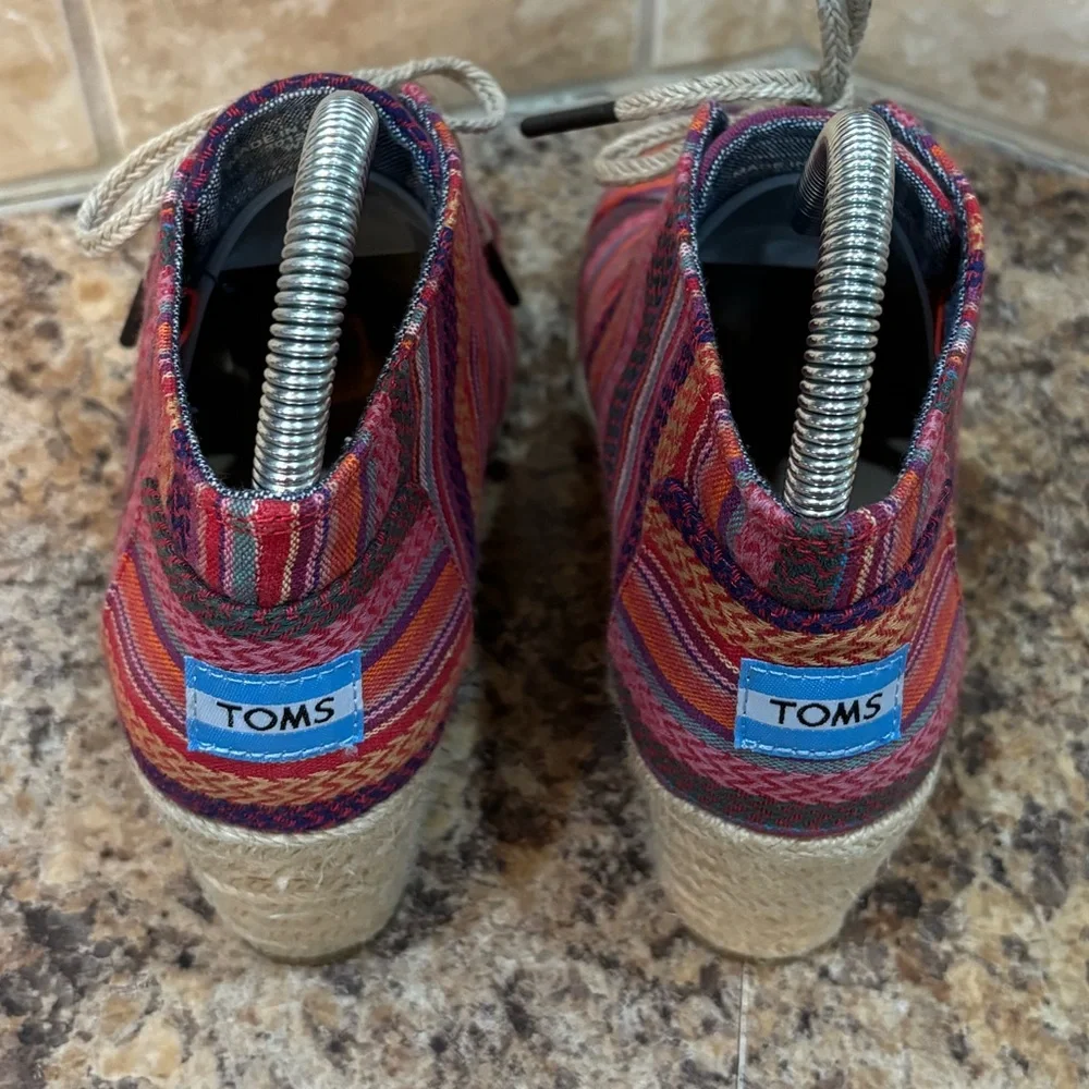 Toms Mexican Serape Blanket Hemp Linen Espadrille Wedge Ankle Booties Si…